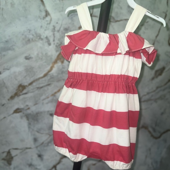Girls romper short set. Pink and beige striped . - Picture 2 of 5